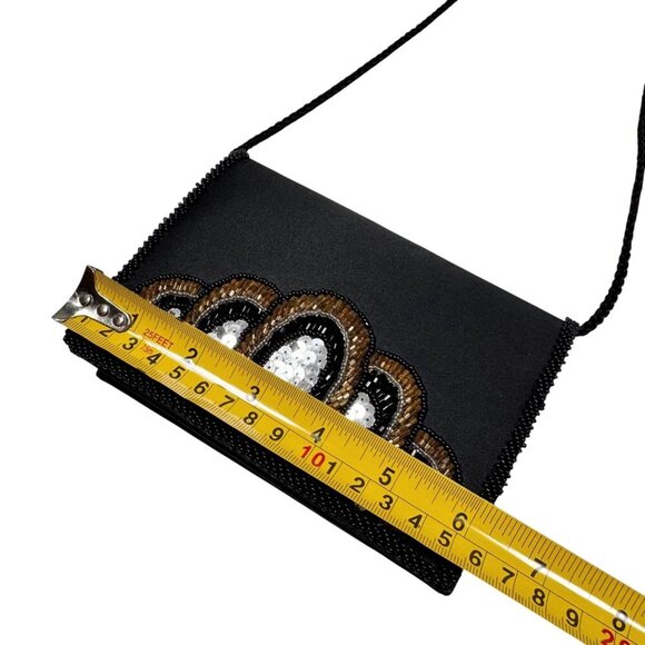 VTG Small Evening Bag Black Satin Embellished Beaded Sequins Event Glam - Picture 7 of 10